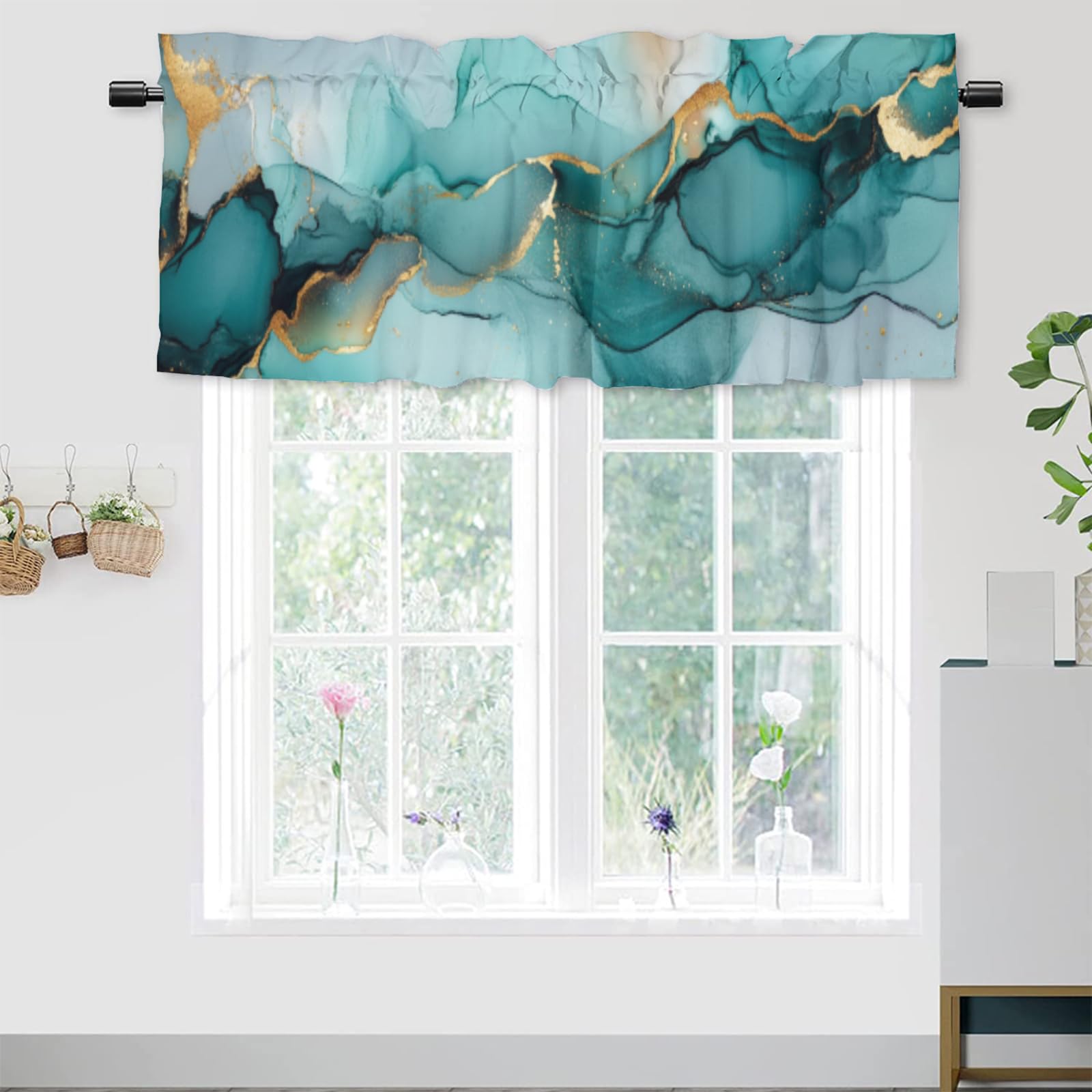 ERUNJLYS Marble Blackout Curtain Valances Watercolor Abstract Teal and Blue Valance Rod Pocket Window Curtain for Kitchen or Bathroom 54x18inch(1Pcs)