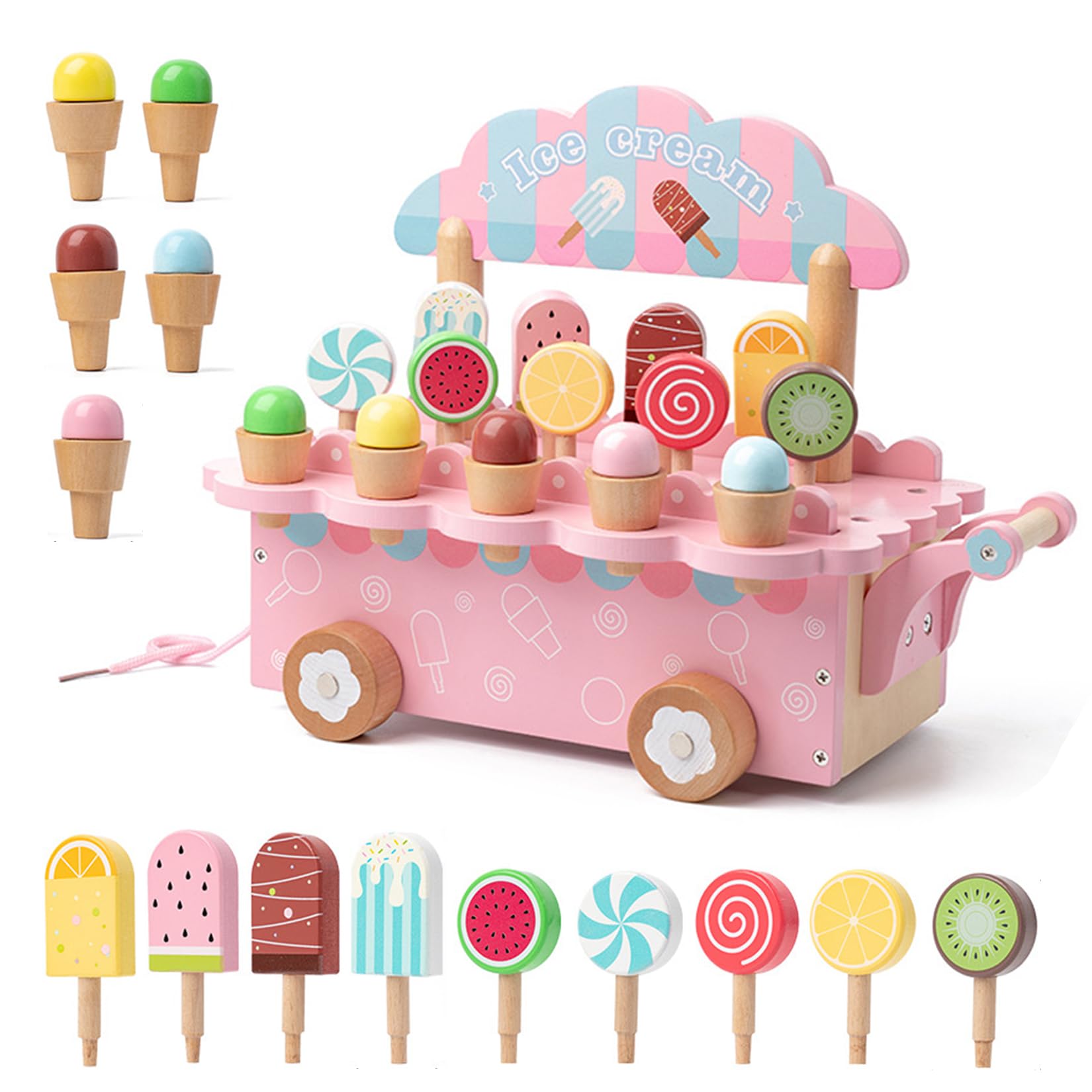 Gelateria Giocattolo Per Bambini In Legno Accessori Da Cucina Per Giochi Ruolo Con Contenitore Legno Per Bambini Dai 3 Anni In Su Giocattoli Didattici Di Natale Regali Compleanno (rosa)