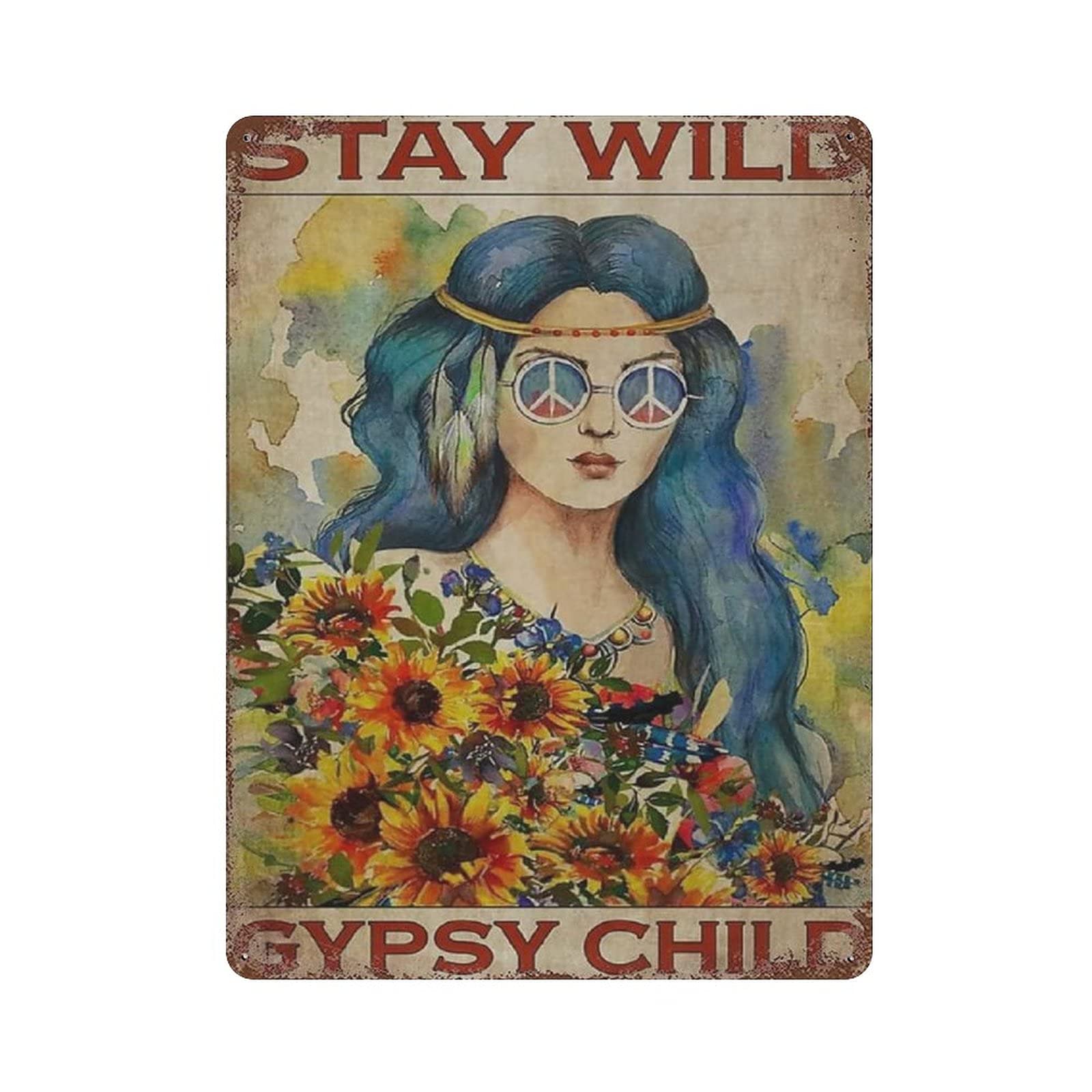 Metal Tin Sign Gypsy Child Girl Flowers Vintage Tin Poster Metal Sign Wall Decoration Country Kitchen Home Garage Decor 16"x12"