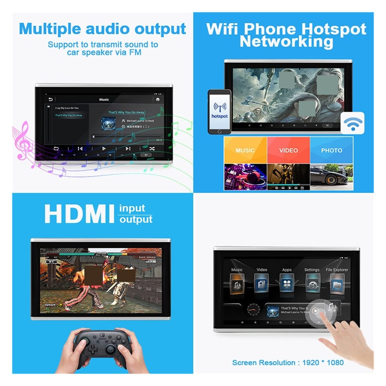 Auto Poggiatesta Monitor 3 + 32GB 13. Pollici Multifunzione Tablet Touch Screen 1080P Video Movie Player Film per bambini(1 PCS Silver 11.6)