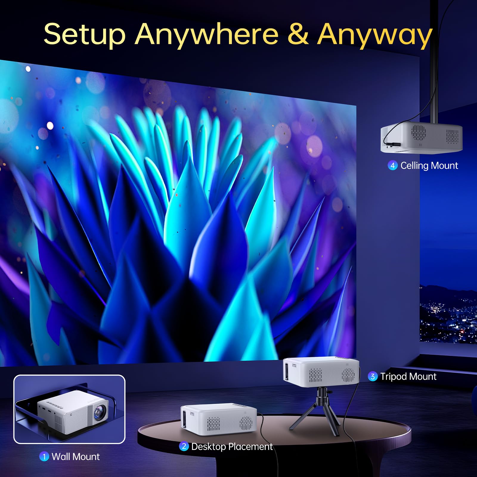 KSAN Mini proiettore con WiFi e Bluetooth, 240 ANSI portatile per uso esterno, proiettore video nativo 1080p compatibile con telefono/chiave TV/PC/PS5