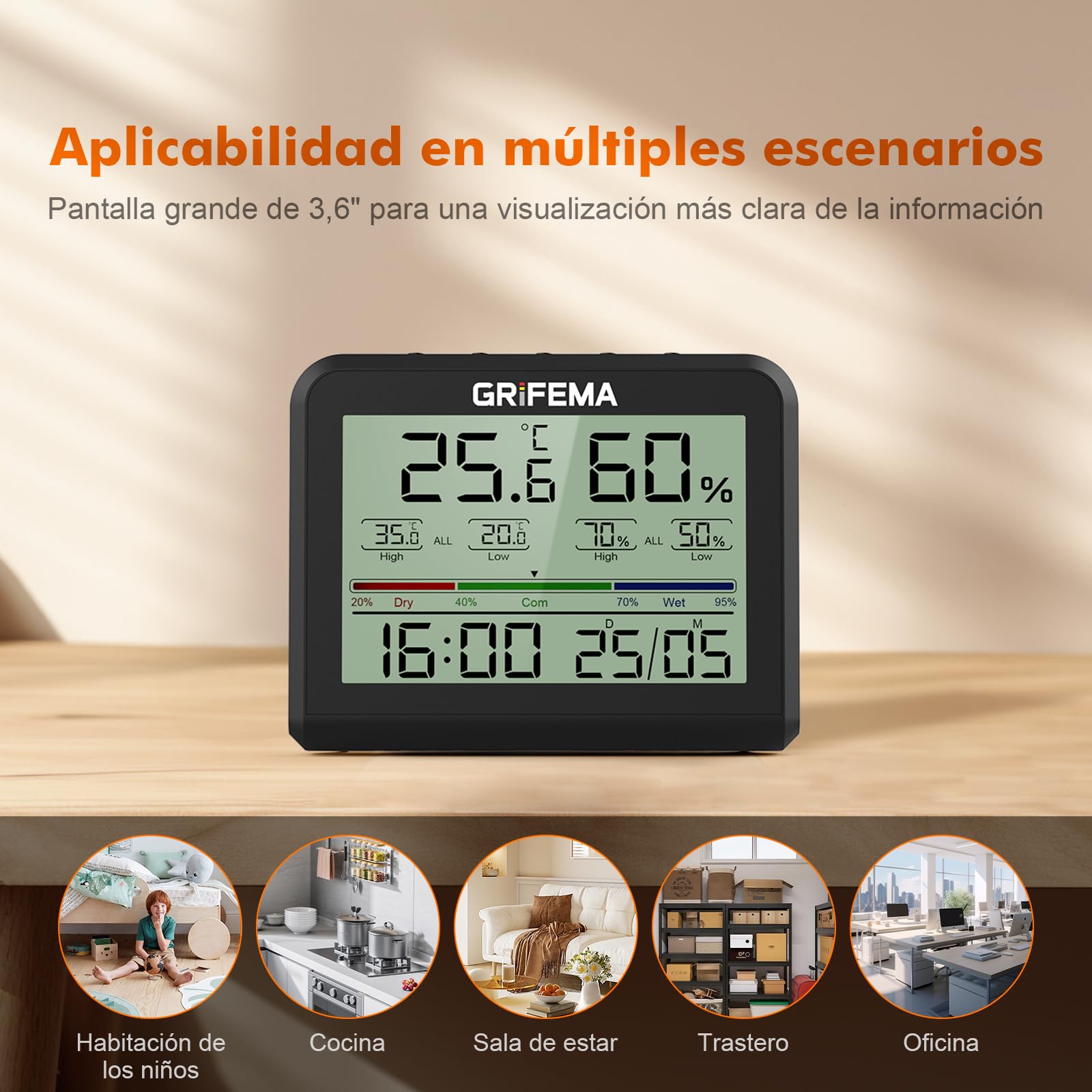 GRIFEMA GA2901B, Termómetro Digital Interior del Higrómetro, Digital Medidor de Humedad con Retroiluminación, Registro Máx/Mín, Reloj/Fecha, Ideal para Hogar/Invernadero, Negro