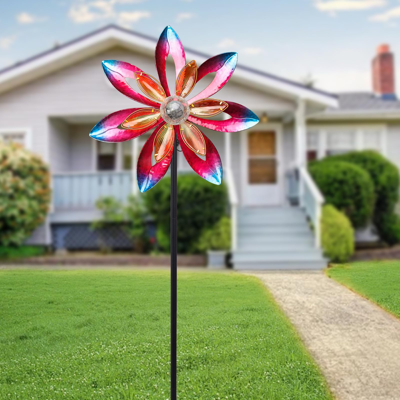 MUMTOP Molinillo de viento para exteriores, grande, 157,5 cm, metal LED, esculturas solares de viento, molino de viento para arte de patio, decoración de jardín