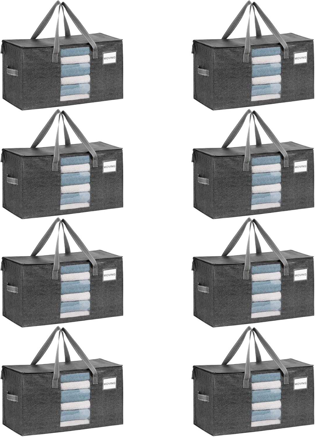 VENO 8 Pack Heavy Duty Moving Bags, Clothes and Comforter Storage Bags with Clear Window, College Dorm Essentials Packing Supplies, Foldable Boxes Alternative (Gray, 8 Pack)