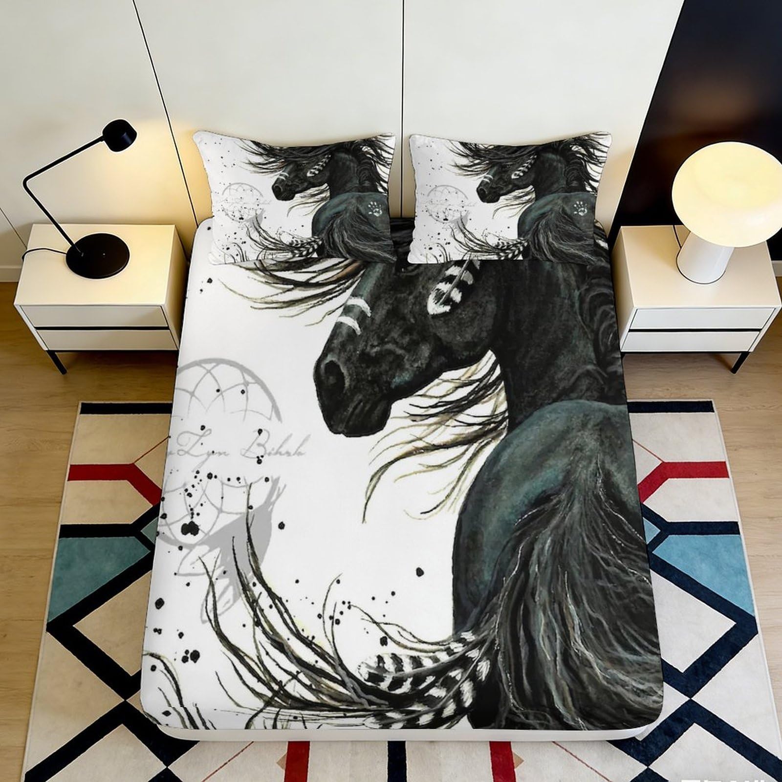 3D Printed Black Horse Fitted Sheet Microfiber Soft Breathable Dreamcatcher Bed Cover for Bedroom Dorm Decor 90x200x25cm