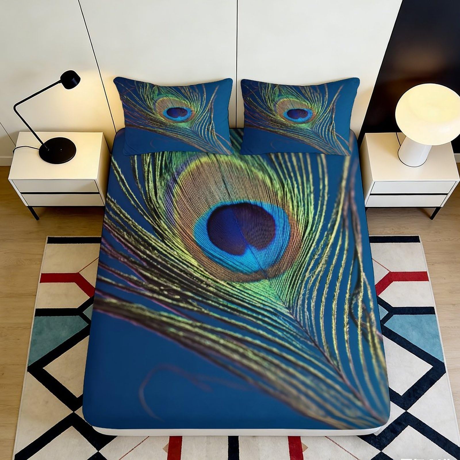 3D Printed Peacock Feather Fitted Sheet Microfiber Soft Durable Blue Bed Cover with Mattress Protection for Bedroom Dormitory Guest Room 140x200x25cm