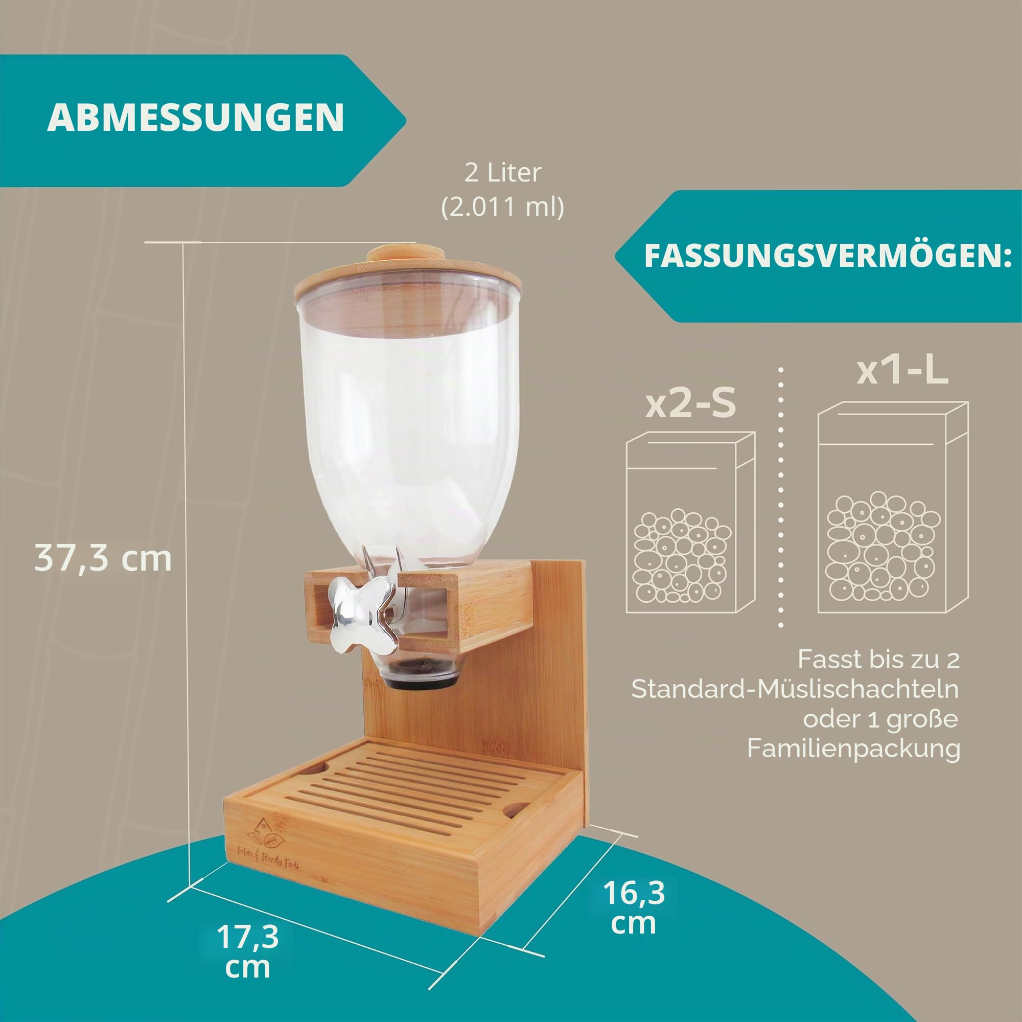 Future & Friendly Finds Bambusspender, 2 l, Müsli-Spender, Aufbewahrungsbehälter, Snack-Bar-Station, Trockenfutterspender, Müsli-Spender, Arbeitsplatte, Hausutensilien