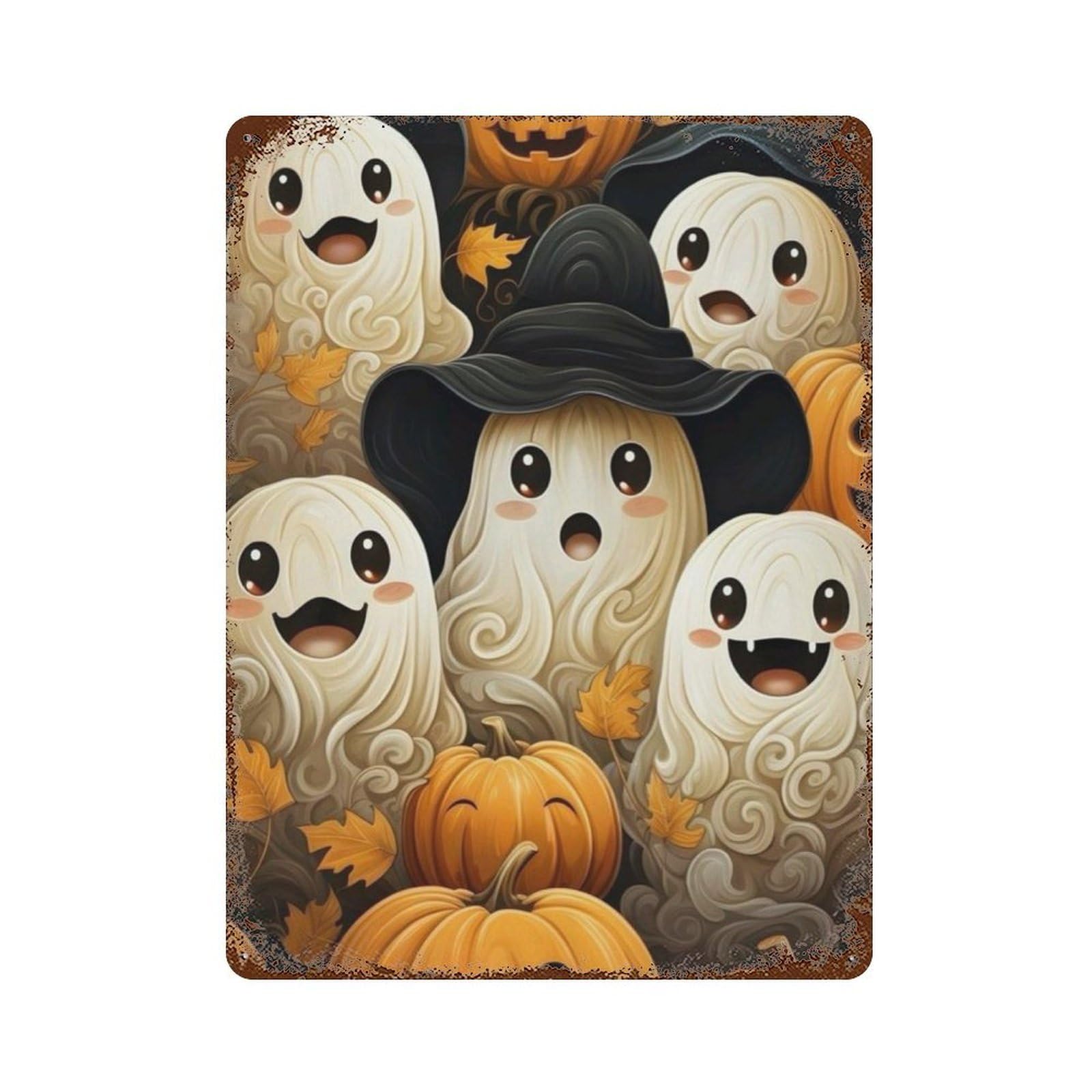 Halloween Ghosts And Pumpkins-2 Rust Effect Tin Sign 15.7"x11.8", Retro Wall Decor for Pub, Kitchen And Man Cave Decor