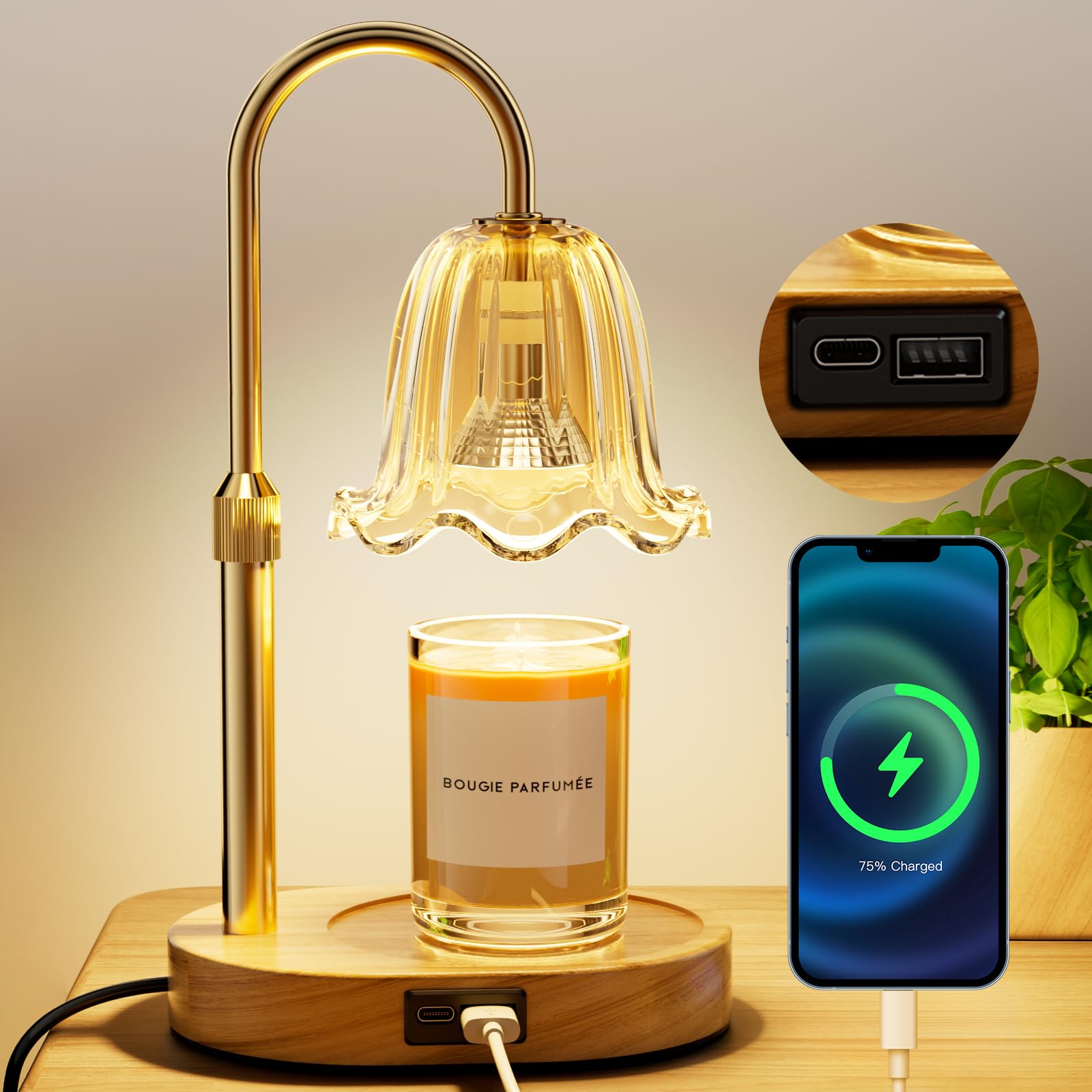 Candle Warmer Lamp - Dimmable & Timer with USB, Type-C Ports, 2 Bulbs — image 1