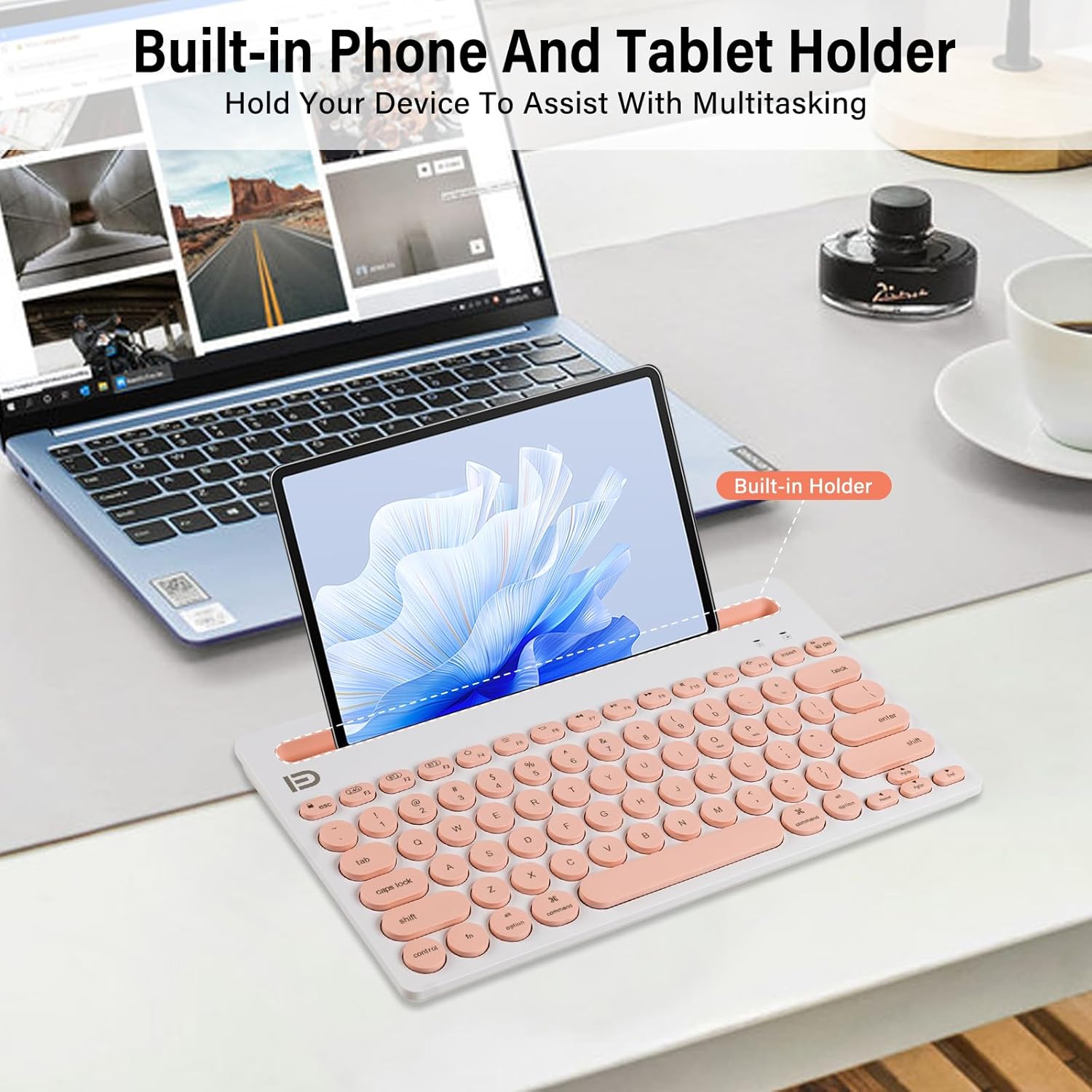 XuanGui Wireless Keyboard for IPad and Tablet with Holder,2.4GHz/BT5/BT3,Soft Touch Silent Design, 79-Keys Slim Portable,Bluetooth Connection IPad Pro Air Mini 11/13/15 Into a Laptop(Pink) - Image 4