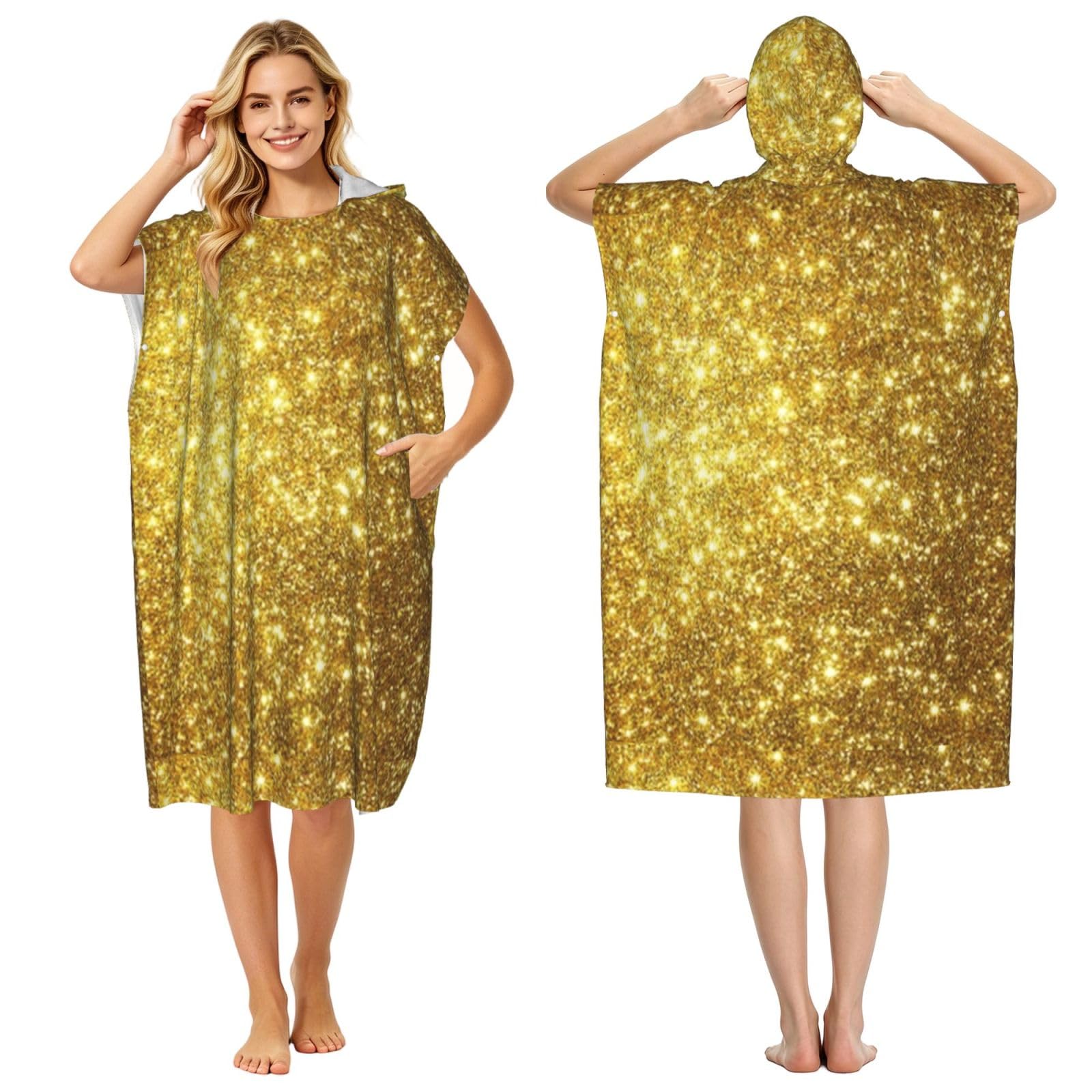 Poadnly Golden Bling Glitter Print, Adult Hooded Beach Towel 90 x 110 cm,Changing Bath Robe, Surf Poncho Towel For Women Men
