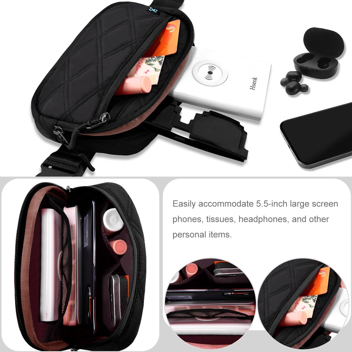 ZINZ Fanny Packs Waist Belt Bags for Travel and Daily Use, Crossbody Bum Hip Bag for Women and Men,Black