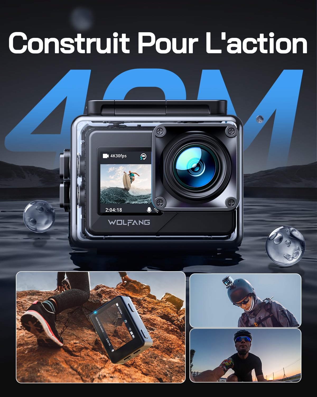 WOLFANG GA120 4K 20 MP Caméra d'action, étanche jusqu'à 40 m pour la Plongée avec Tuba, Grand Angle 170 °, Double écran WiFi, avec EIS, Microphone Externe et Télécommande