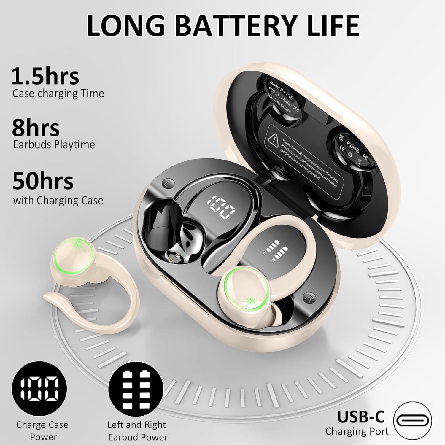 Wireless Earbuds, Bluetooth Headphones Sports, Bass Fitness Earphones Gym Running, IP7 Waterproof Headset with Earhook Workout, Playback Over-Ear Buds with ENC Noise Cancelling Mic - Image 3