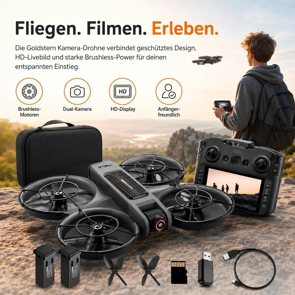 RC Drohne mit HD Dual Kamera, Display Fernbedienung, Brushless Motor, 90° Kamera, FPV Livebild, Optical Flow, 360° Flip, LED, für Anfänger und Kinder (Schwarz, Akkus: 2 St.)