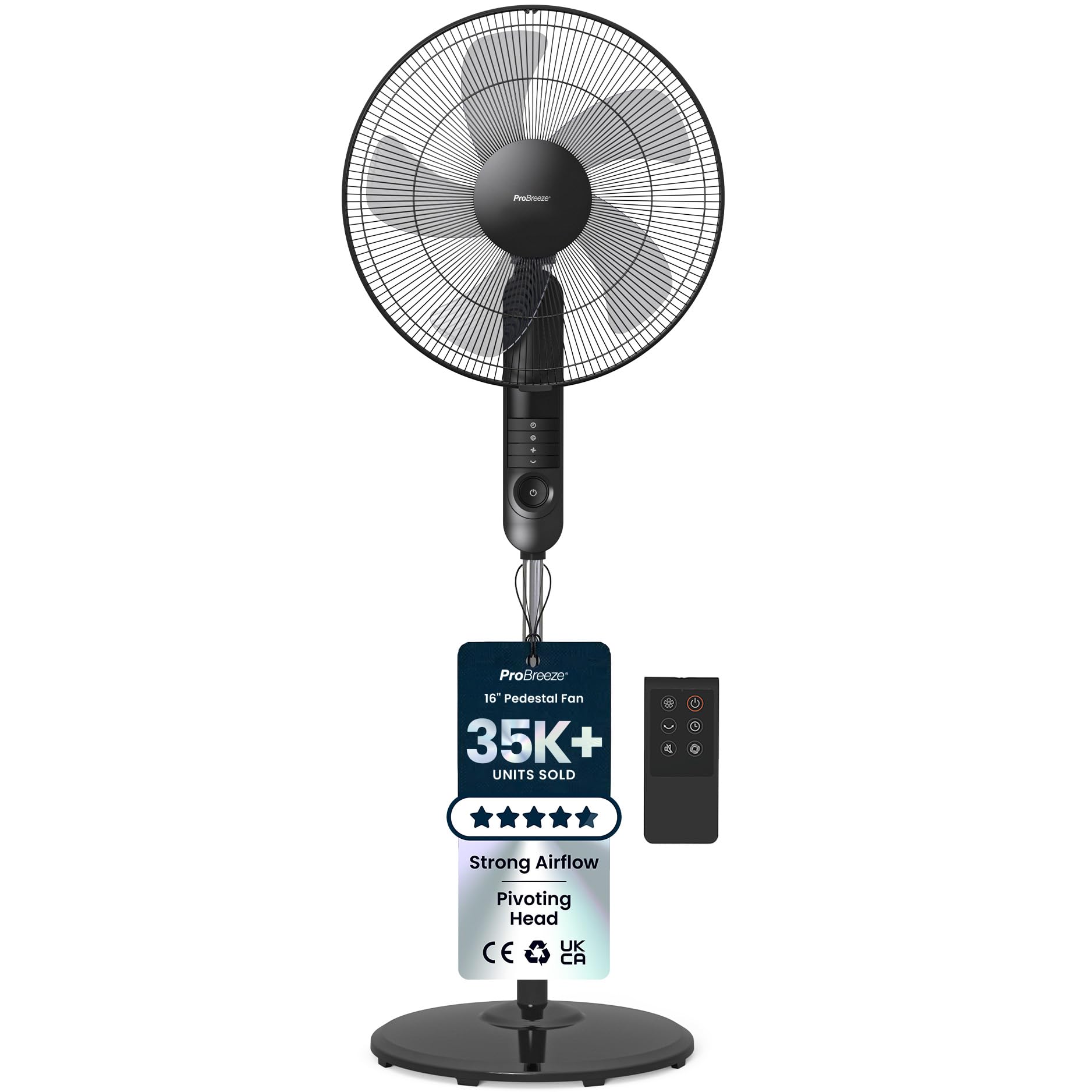 Pro Breeze® 16-Inch Pedestal Fan with Remote Control and LED Display - 4 Operational Modes - 80° Oscillation - Adjustable Height & Pivoting Fan Head - Perfect for Homes, Offices and Bedrooms - Black