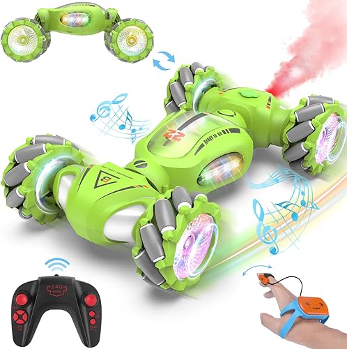 Juguetes de auto de acrobacias RC con detección de gestos, regalos para niños de 6-8, 8-12, 2.4Ghz 4WD controlado a mano con luz, música y aerosol,