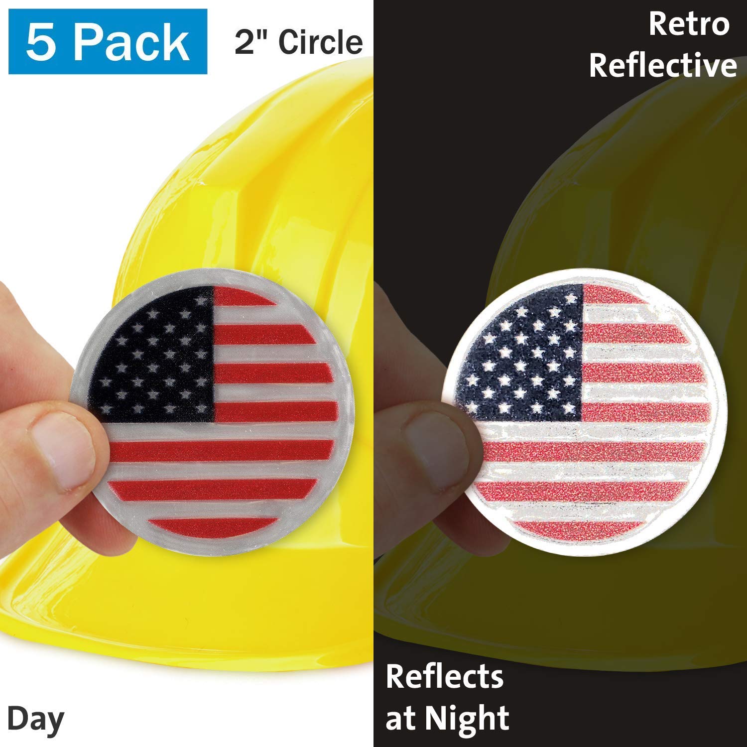 SmartSign US Flag Pack of 5 Hard Hat Labels | Retro-Reflective, 2" Circle
