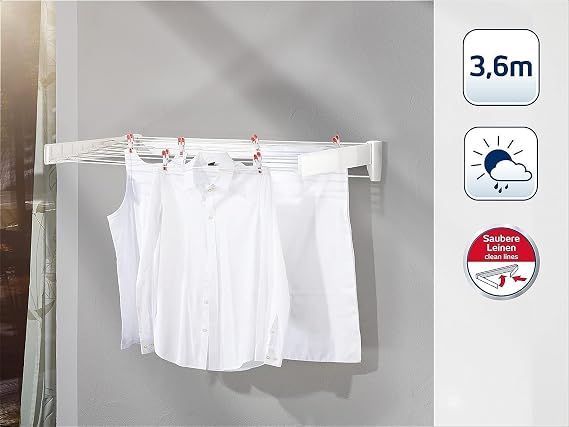 Leifheit Telegant 36 Protect Plus Wall Dryer, Retractable, Space-Saving Wall Dryer, Laundry Drying Hanger for Wall, Towel Bar Included