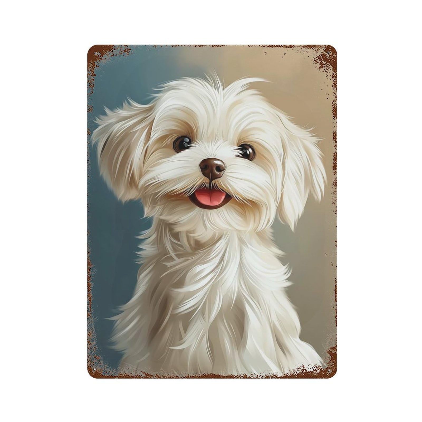 Maltese Puppy Portrait Rust Effect Tin Sign 15.7"x11.8", Old School Wall Decor for Living Room, Hallway And Home Decor