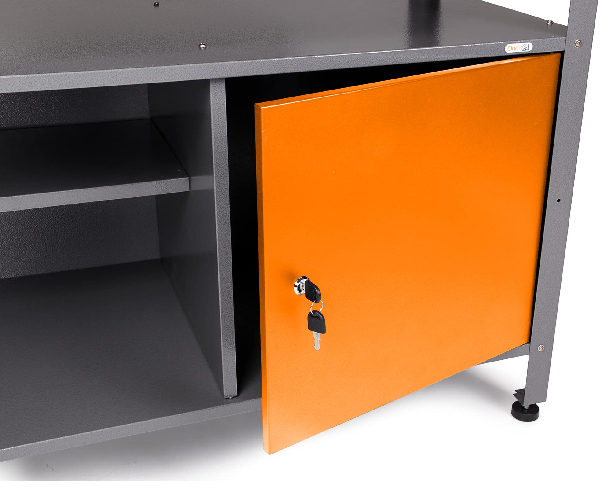 Ondis24 Werkstatt Set Ecklösung One, Werkbank, 120 + 60 cm Buchenholzarbeitsplatte, Werkzeugwand Lochwand, Haken Set, Metall (Arbeitshöhe 85cm, orange)