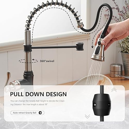 Miniatura 4 de BWE Grifo de fregadero de cocina de níquel cepillado con bronce aceitado de una sola manija con resorte desplegable 3 funciones, grifo de cocina sin