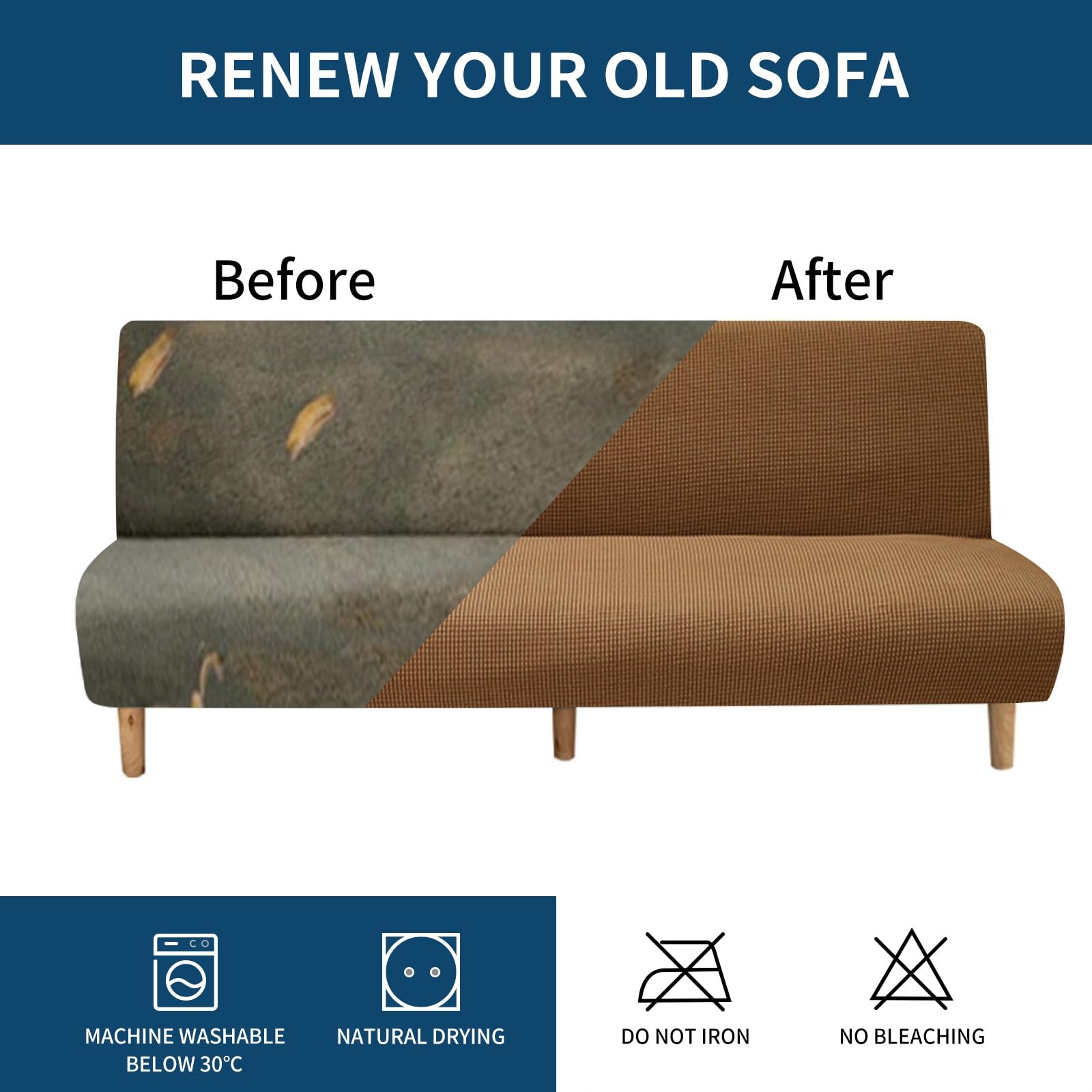 Funda de futón sin reposabrazos, funda de sofá de 3 plazas para sofá cama, sin reposabrazos, tela suave, elegante, fácil de limpiar, perfecta para sala de estar (Perú, talla S)
