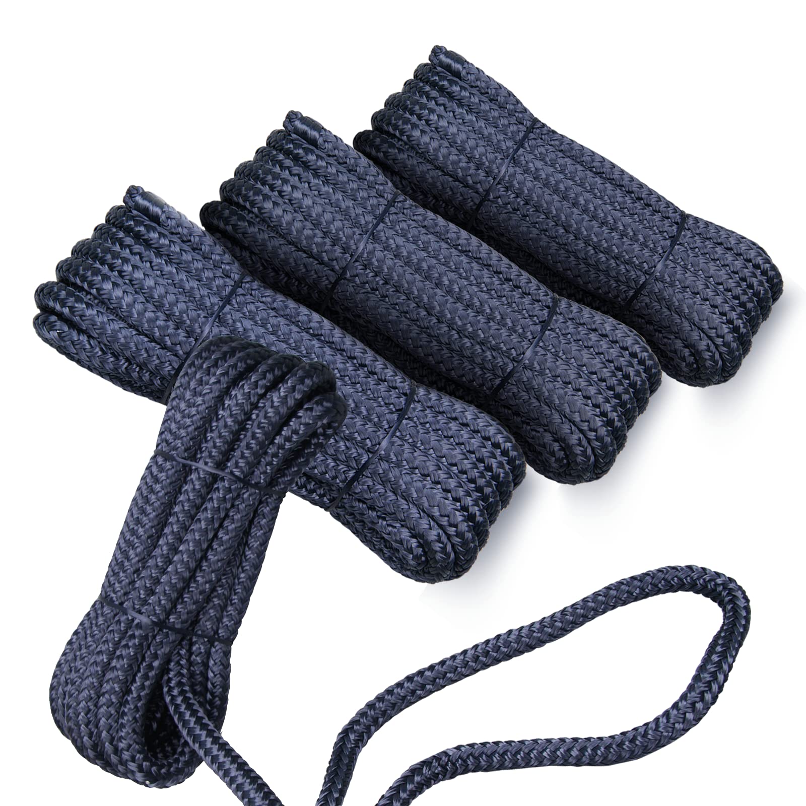 HYUNOLOGY Anchor Rope, 4 Pack 3/8" X 15’ Dock Lines, Hi-Performance Double Braided Nylon Boat Rope with Eyelet, Blue Marine-Grade Premium Mooring Lines for Boat Pontoon, Jet Ski