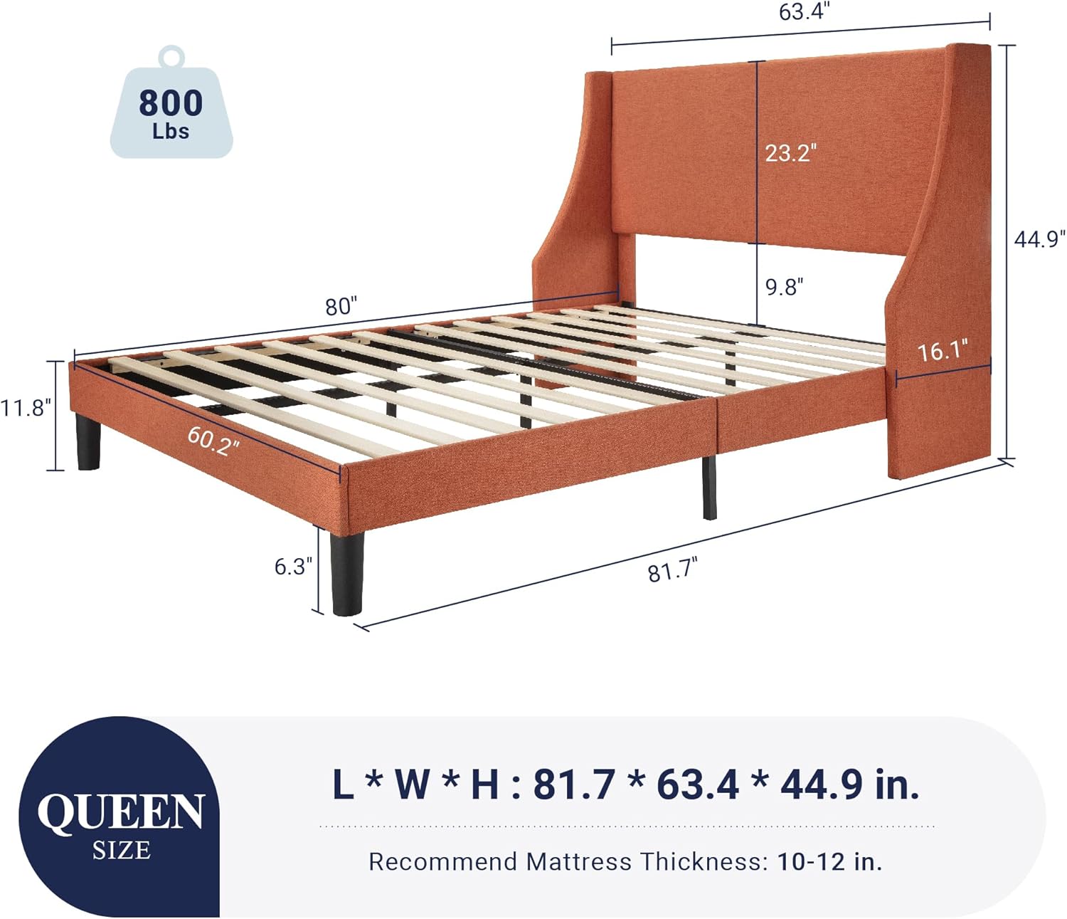 Allewie Queen Platform Bed Frame Queen Size with Upholstered Headboard, Modern Deluxe Wingback, Wood Slat Support, Mattress Foundation, Burnt Orange