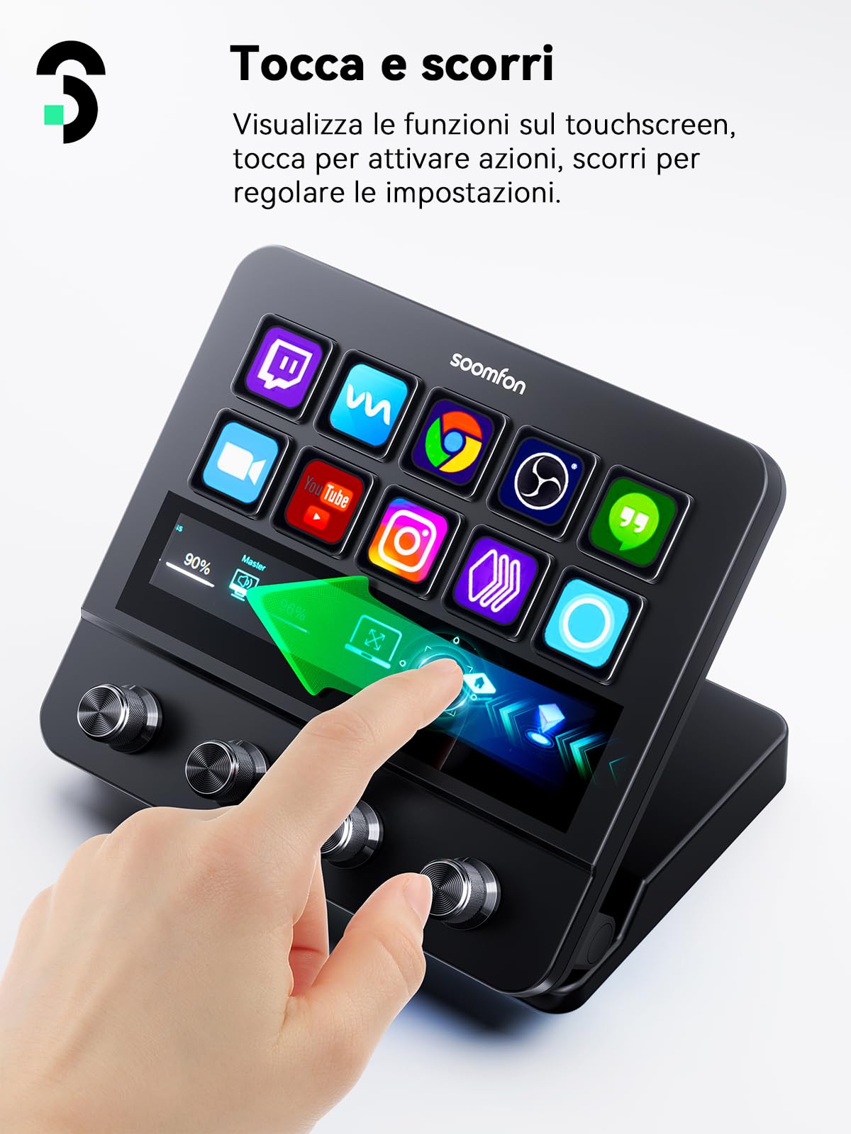 SOOMFON Stream Controller Deck, 10 Tasti Macro LCD, Touchscreen, 4 Manopole | 2 USB-A & 2 USB-C, con OBS Twitch PS Word Excel Zoom e altre app; Stream Studio Deck per Streaming Gaming Lavoro Creatività