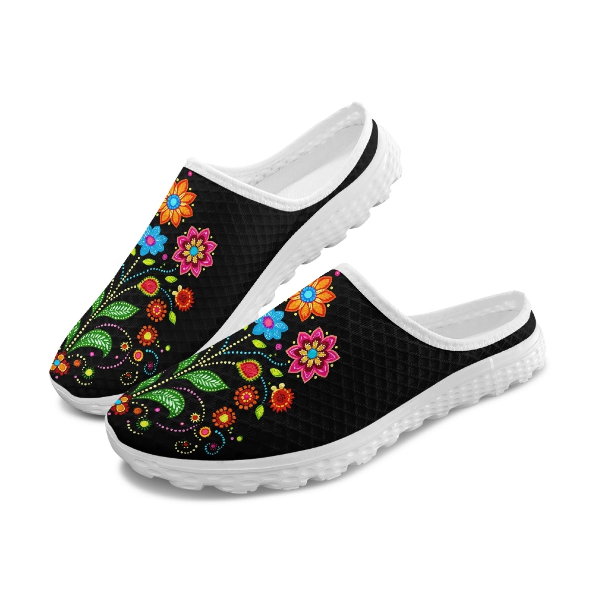 JoyLamoria Flower Pattern Womens Shoes Mule Comfortable Backless Non Slip Casual Clog Soft Sneakers Fashion Sport Walking