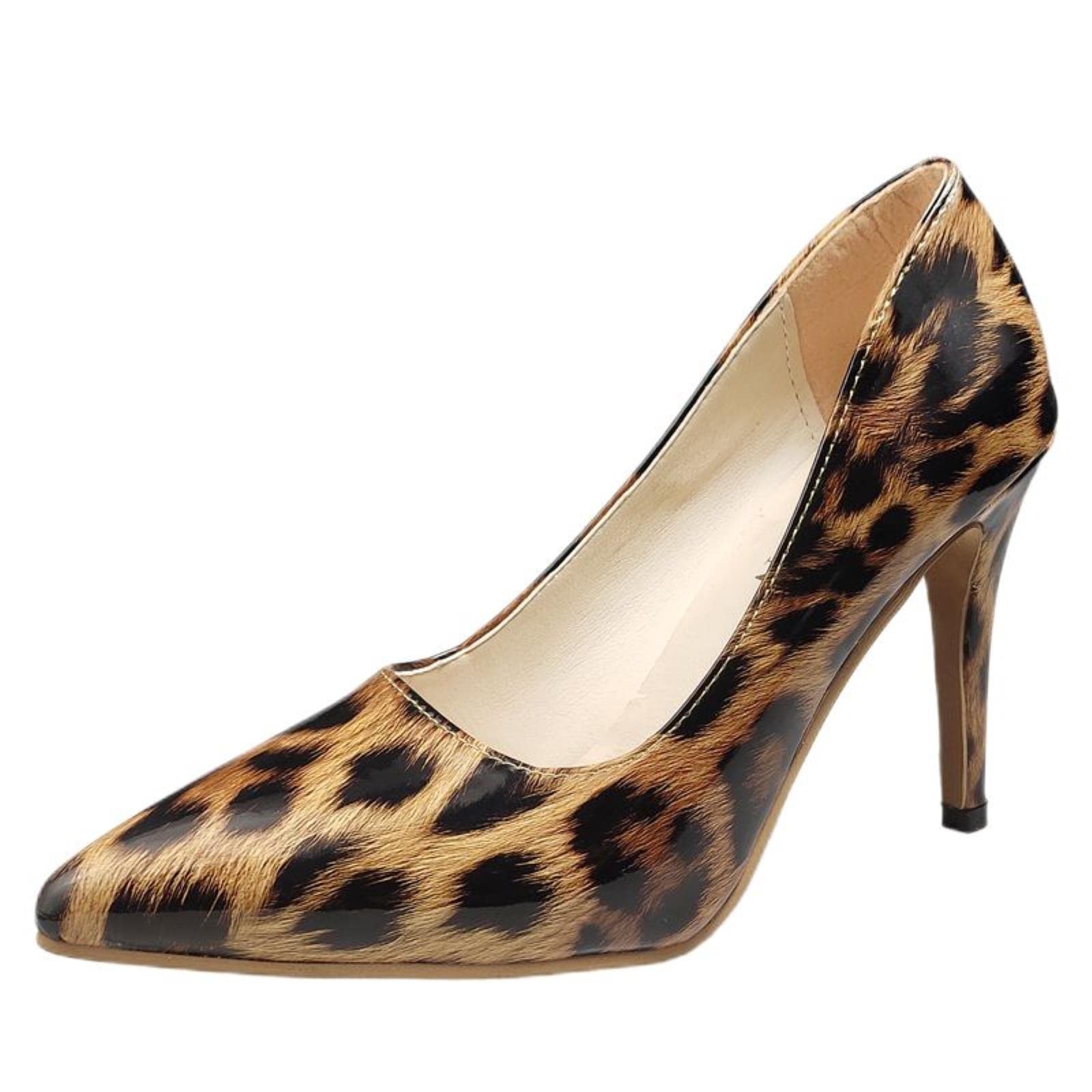 SHIYAN New 10 cm Super High Thin Tacchi Punta Punta Pompe Donna Scarpe Nightclub Patent Leopard Cuoio Matrimonio-Nero leopardo, 16