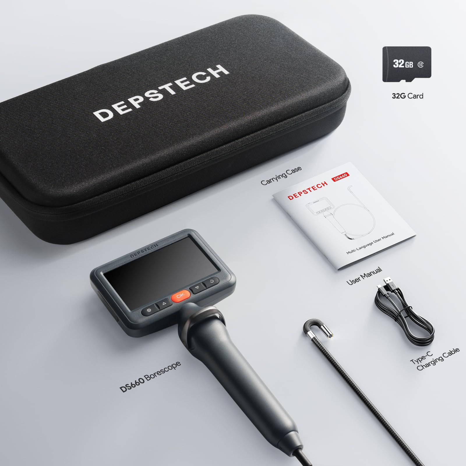 DEPSTECH Cámara Endoscópica con IPS 5", Cabezal 210 y Sonda Ultrafina 6.2mm | Boroscopio con Cable Semirrígido 1.5m, 8 LEDs Regulables y Impermeable IP67 para Inspección de Tuberías y Cavidades de Pared
