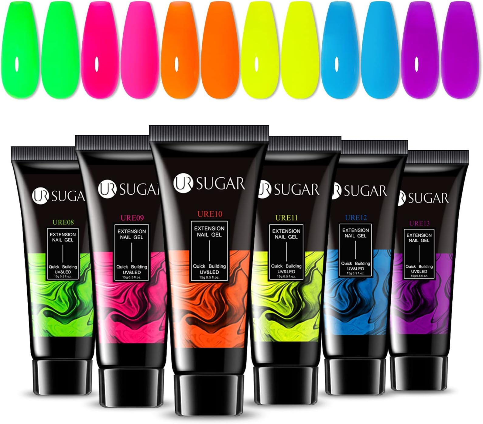UR SUGAR Neon Extension Gel Nail Set, 6 Colours Halloween Acrylic Extension Nail Gel Builder Kit Hot Pink Neon Yellow Orange Green Blue Colours Gift Box for Women