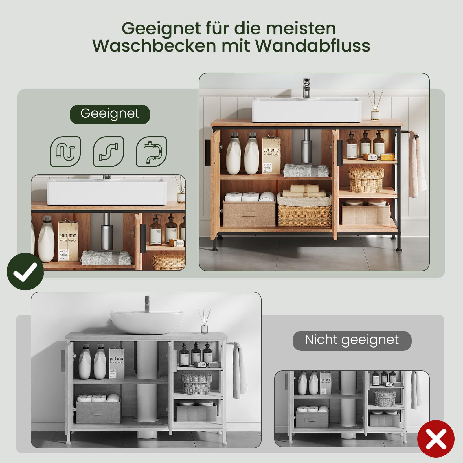 EUGAD Waschbeckenunterschrank, Badezimmerschrank mit Schubladen 3 offenen Fächern, Unterschrank mit verstellbaren Ablagen, freistehender Waschtischunterschrank, 90x60x30 cm (2 Türen)