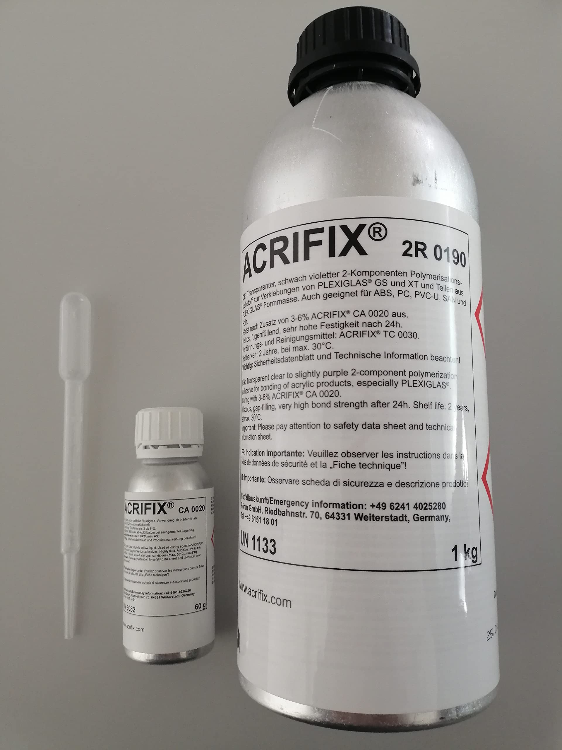 ACRIFIX 2R 0190 (1 kg) incl. endurecedor CA 0020 (60 g) pegamento acrílico cristal PMMA