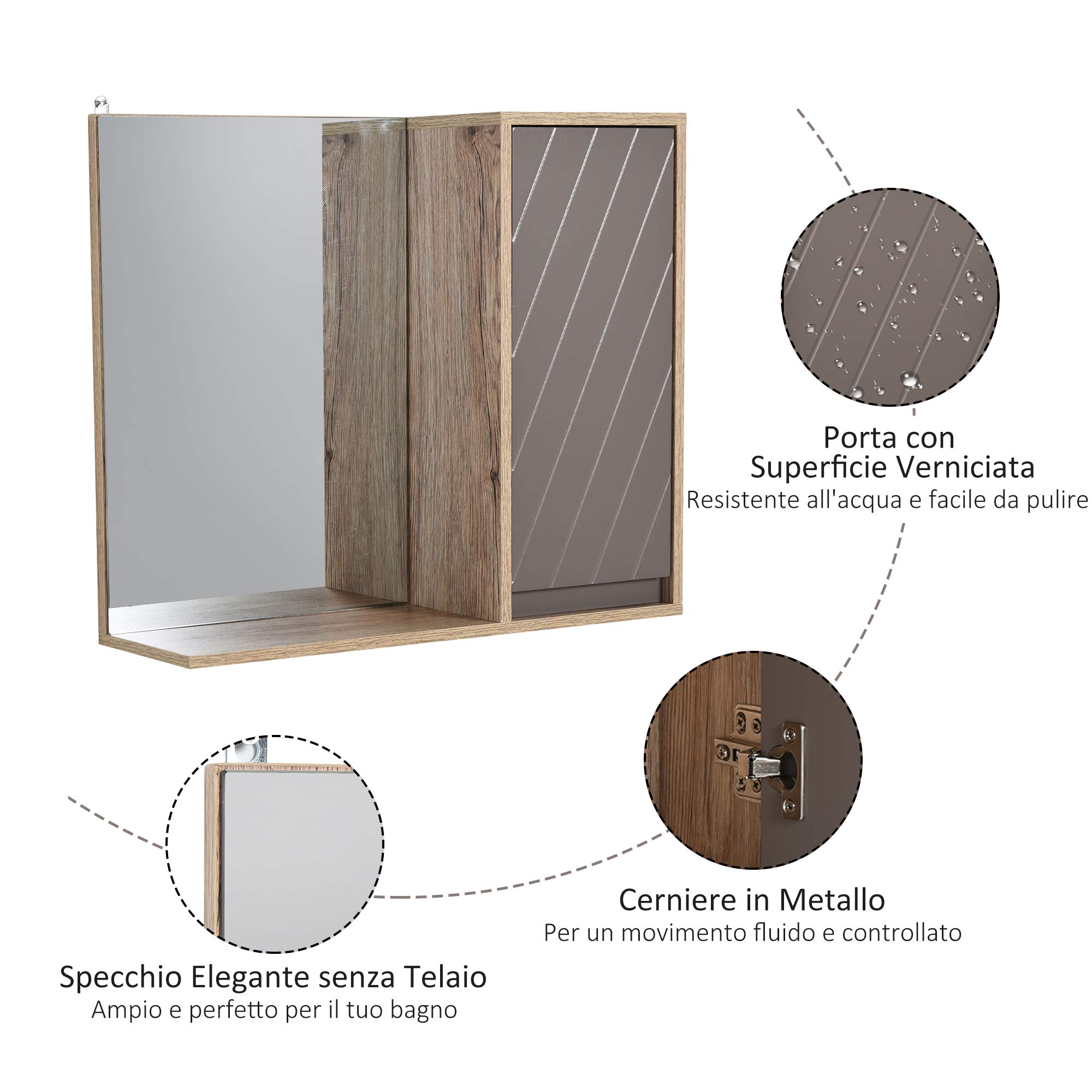HOMCOM Armadietto Pensile per il Bagno con Mensola, Specchio e 2 Ripiani, Specchio Bagno Contenitore Installazione a Parete, Grigio e Rovere, 57 x 14.2 x 49.2cm