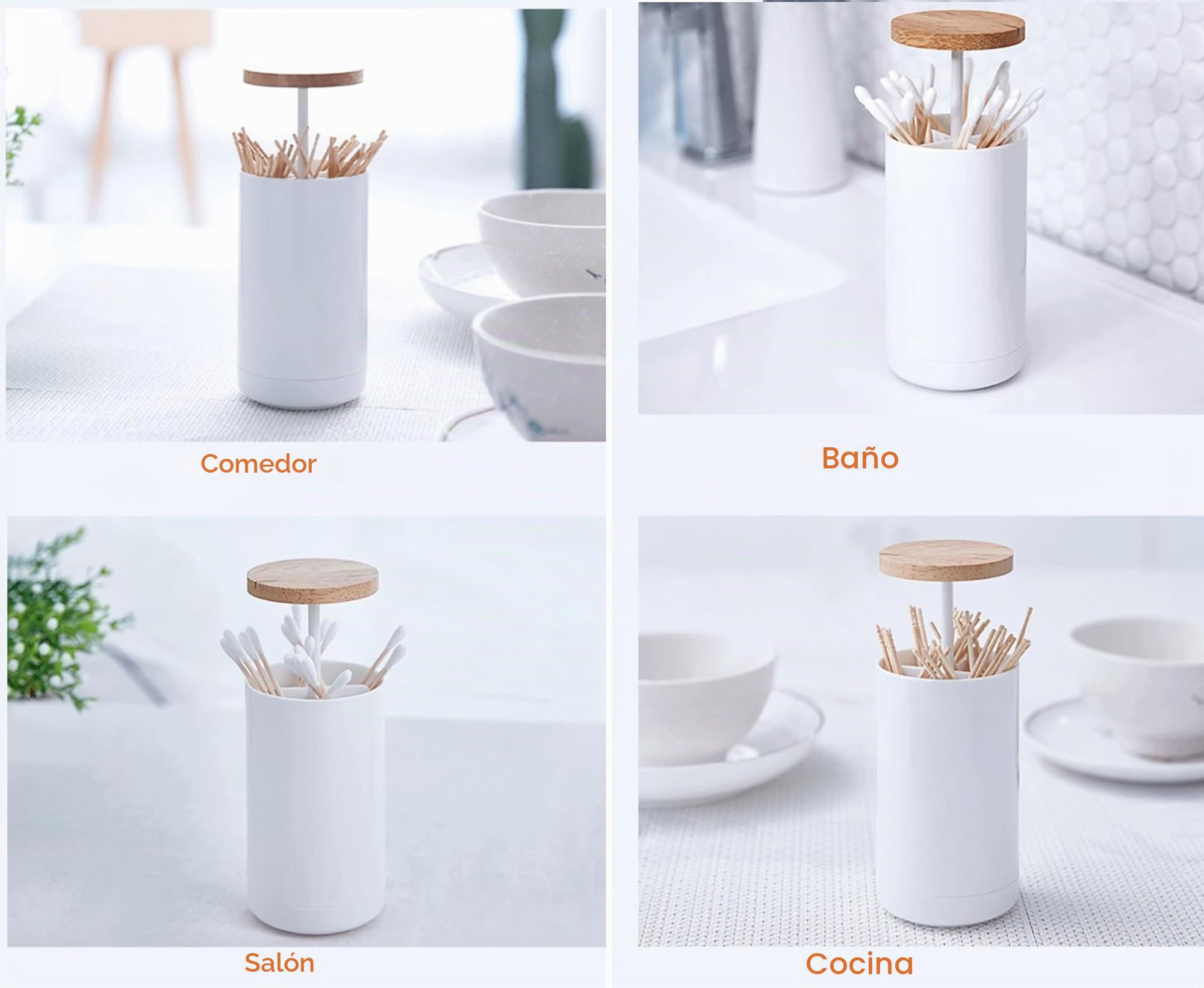 Organizador Bastoncillos,Caja de Bastoncillos Algodonero y Palillo de Dientes con Presión Autobloqueo, Dispensador Bote de Bastoncillo e Hilo Dental para Mesa de Comedor, Cocina