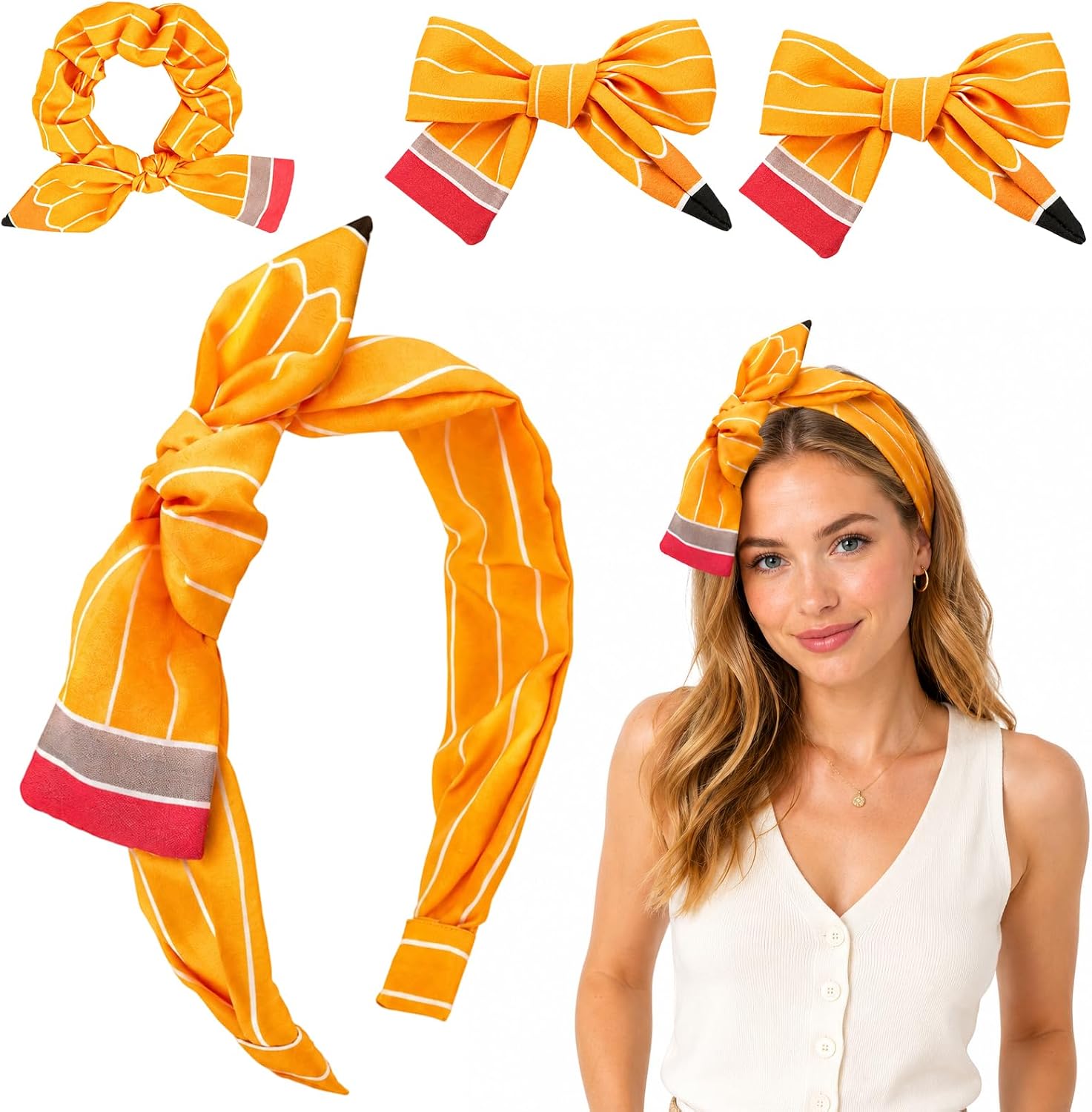 Teacher Hair Accessories, Yellow Scrunchie, 4 Piece with Pencil Hair Clips, Back to School Outfits for Girls, Headband Set for Kindergarten and Elementary School Celebrations
