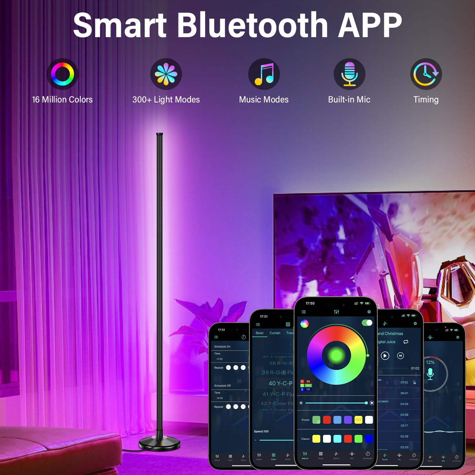 NIKYJM LED Corner Floor Lamp, RGB Floor Lamp, 145 cm RGB LED Floor Lamp, Angle Lamp with APP Control and Remote Control - Image 4