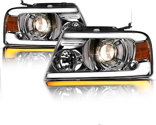 Alpha Owls 8711385 - Faros delanteros de proyector con barra LED secuencial Switchback y luz de arranque, color ámbar cromado para Ford F150