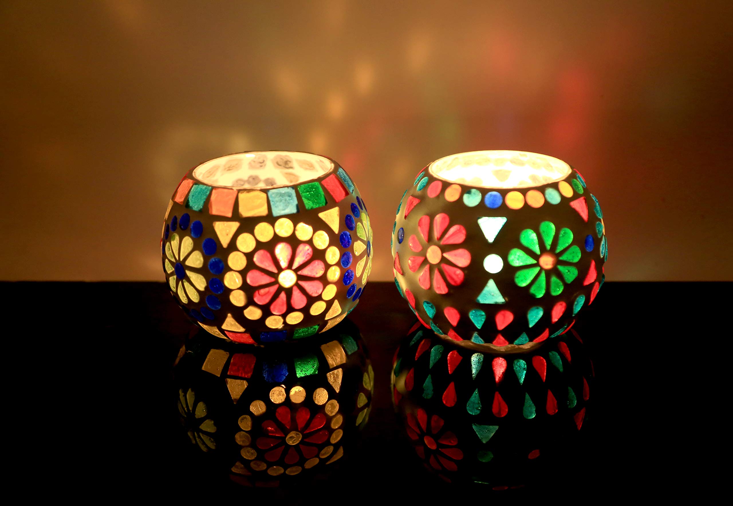 The Victory Multicolor Set of 2 Mosaic Glass Candle Holder Home Decor Valentines Day Gifts(3 Inch)