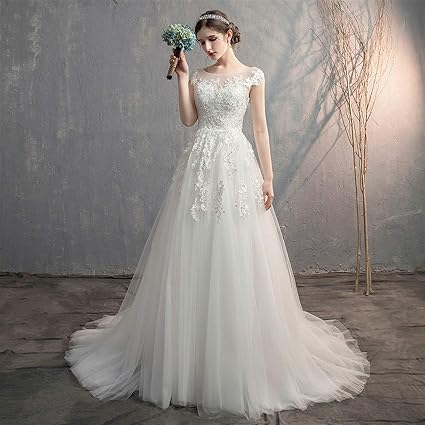 SWEETQT Corte di Pizzo Tain Una Linea Abiti da Sposa Principessa Elegante  Pizzo Bordatura Abiti da