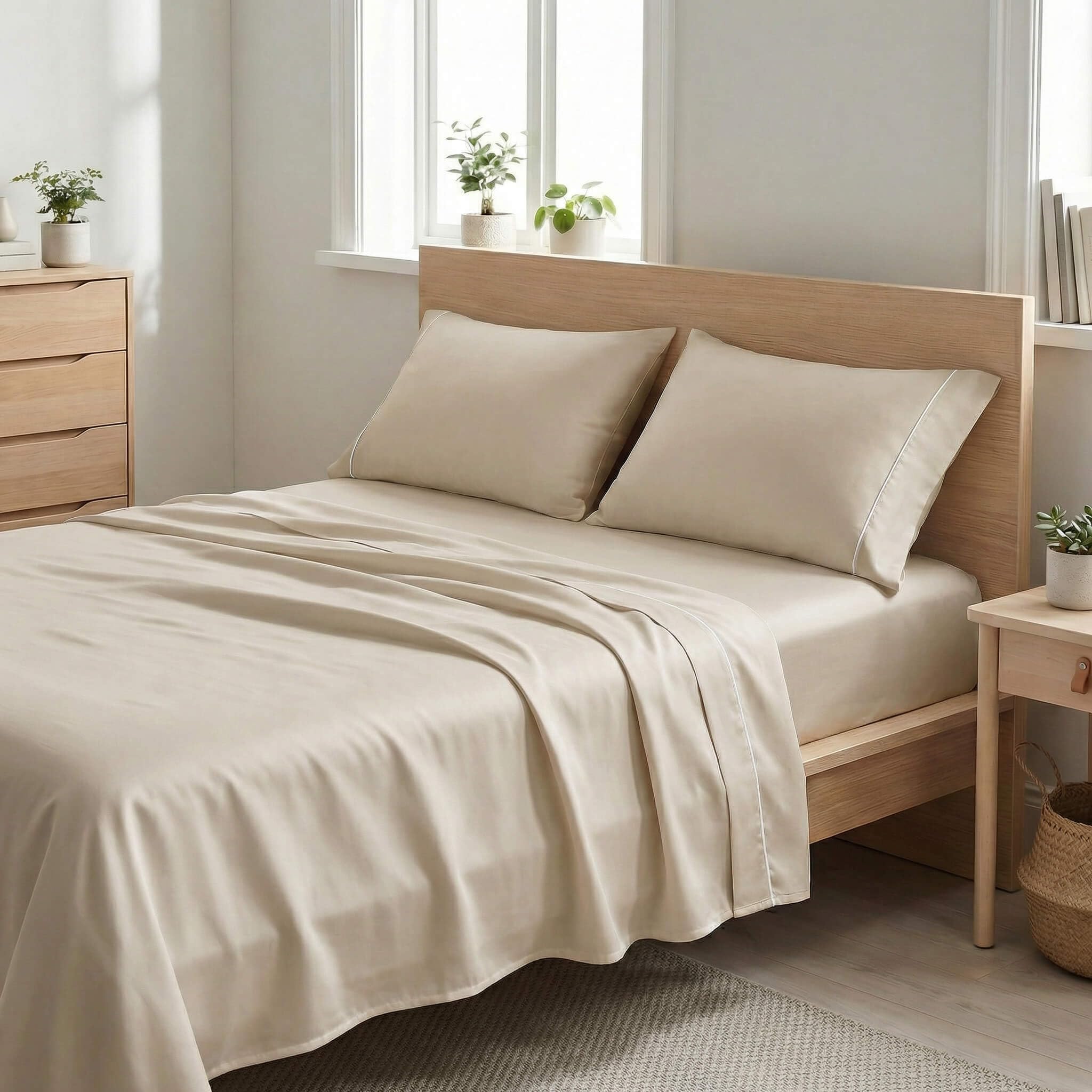ANTILO TEXTIL Juego de Sábanas Gaia, Bambú 100% Orgánico 300 Hilos, Transpirable, Blanco y Beige, Certificación Oeko-Tex (Beige, 150 cm)