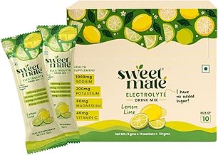 Sweetmate Sugar Free Lemon Lime Electrolyte Drink Mix Sweetened With Stevia - 5g (10 Sachet) No Preservatives and Chemicals| Offers 10x more Electrolyte | Keto Friendly, Vegan