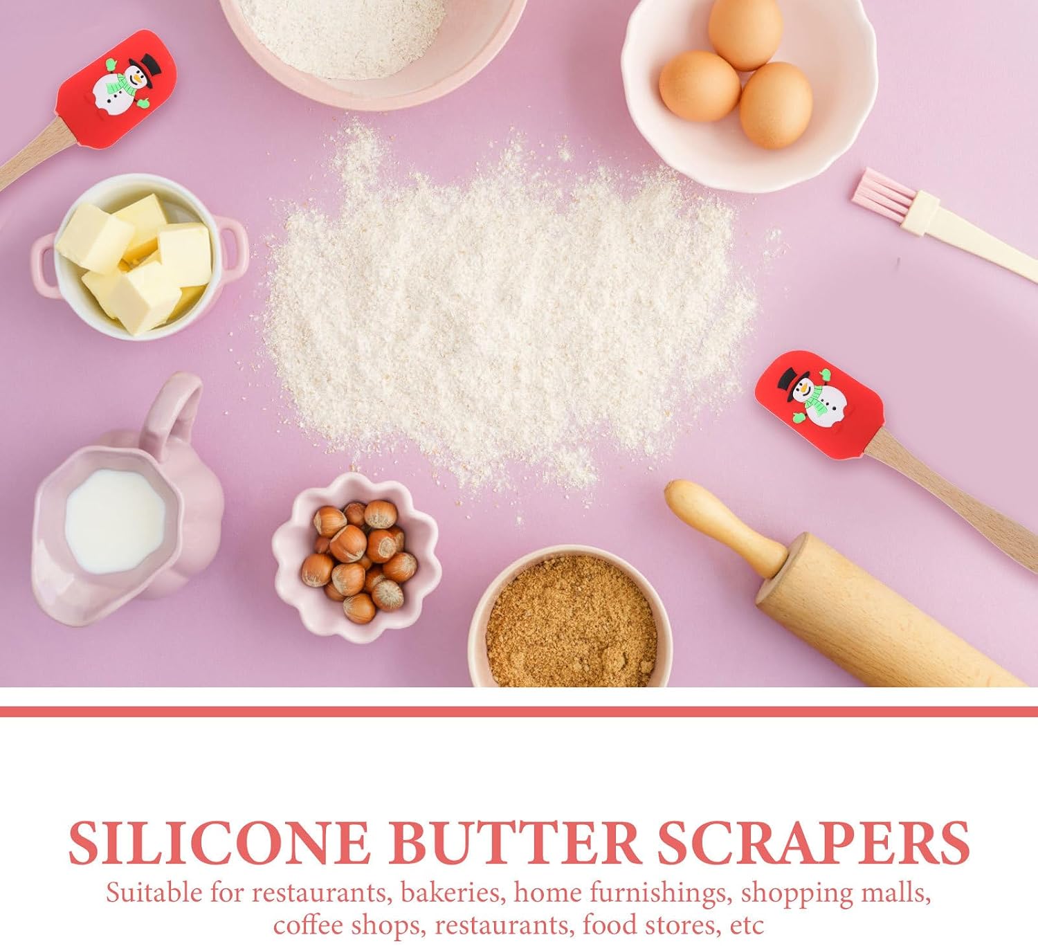Tofficu Christmas Silicone Spatula, Novel Style Cake Spatula with Wooden Handle, Cute Snowmen Pan Scraper Silicone Cream Butter S for Baking Cooking Mixing Red Xmas