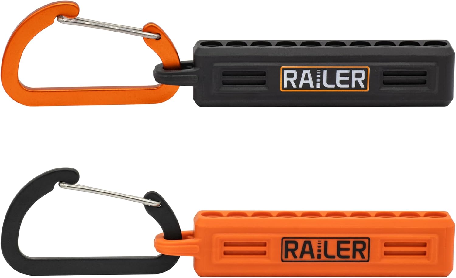 Screwdriver Bit Holder Storage Organizer – Railer 10-Hole Black and Orange Bit Holder with Carabiner - 2 Pack