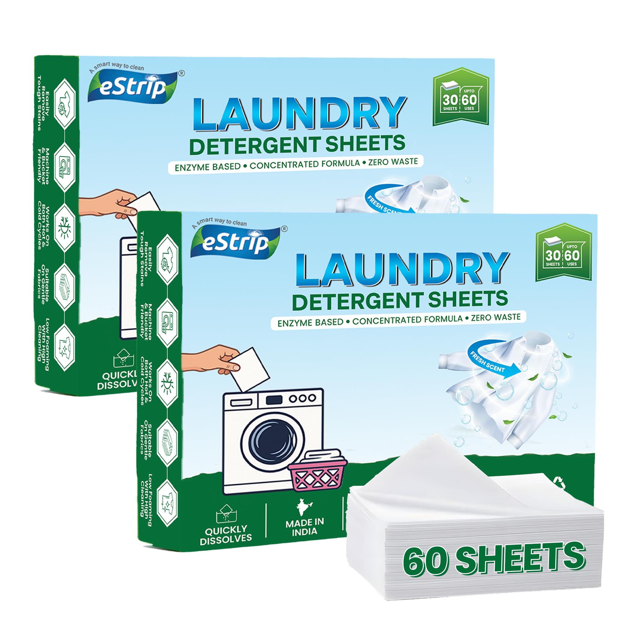 eStrip Laundry Detergent Sheets – 60 Sheets for 120 Washes | Plant-Based, Biodegradable & Eco-Friendly | Enzyme Based Formula | 1 Sheet = 2 Washes | Removes Tough Stains | Easy, Mess-Free Cleaning