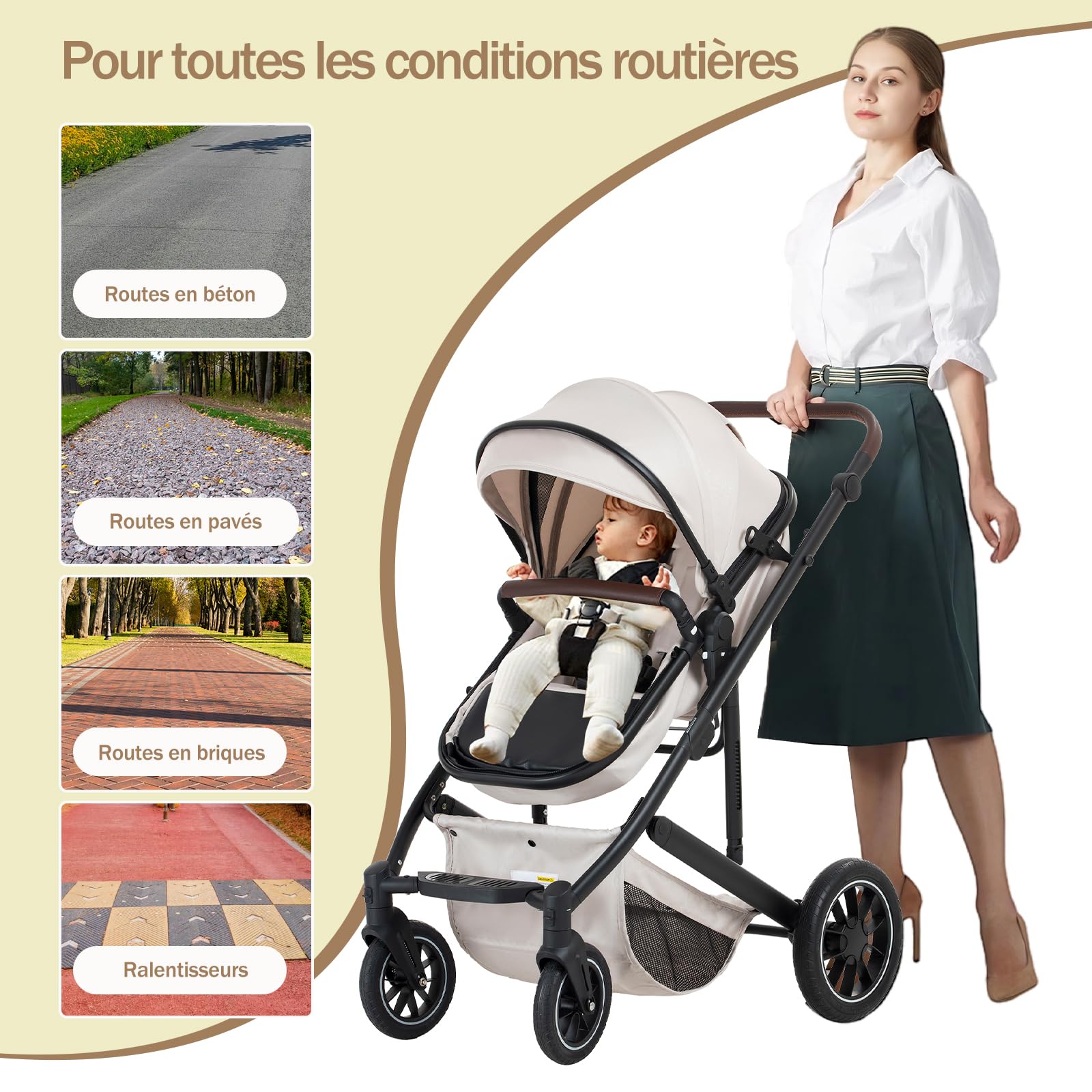 Poussette 3 in 1 Beige - Ensemble avec Siège Auto, Tout Terrain avec Poignée Réglable, Panier de Couchage et Nacelle avec Couvre-Pieds Surélevé, 0-4, 22KG