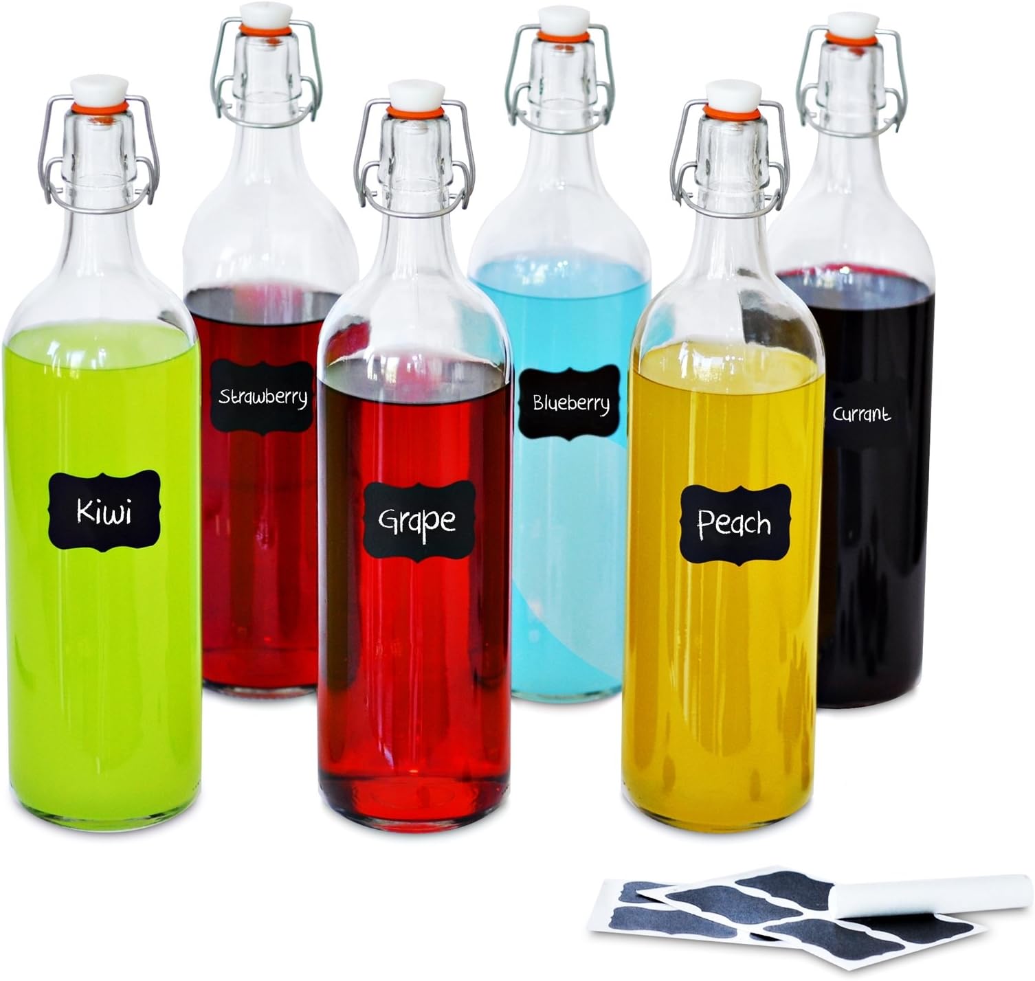 Creative Home 6 x Glass Bottle Set | 6 x 1L | One Litre Vintage Airtight Clip Top Stopper Lid Swing Storage Preserving Carafe Cordial Refilable | Water Bottle | 8 Reusable Stickers & 1 Anti-Dust Chalk